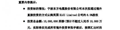 东方电缆拟斥1000万英镑收购XLCC公司约8.5%股权，xl司